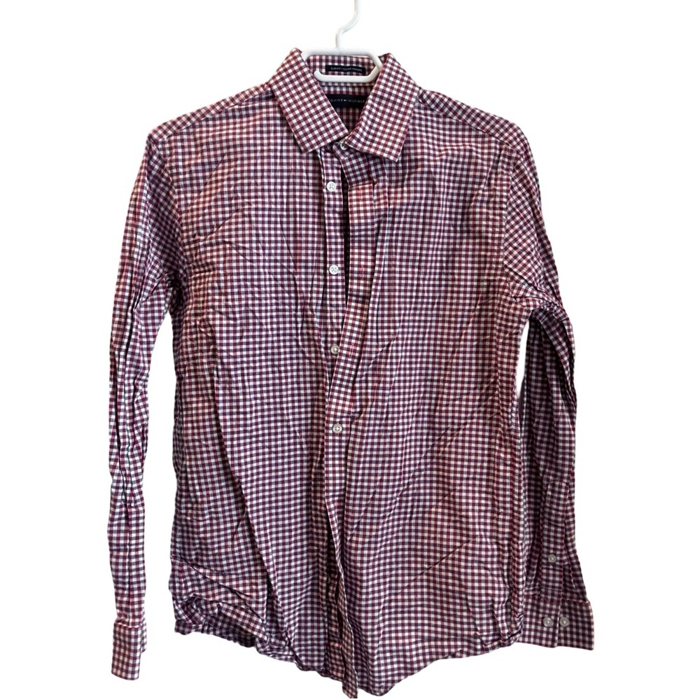 Tommy Hilfiger Shirt Mens Medium Maroon/White Casual Button Down Long Sleeve